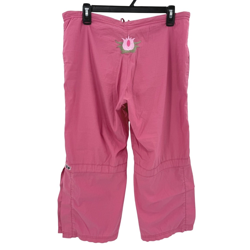 Be Present Womens Pink Lotus Embroidered Yoga Pants Cropped Wide Leg Size L USA